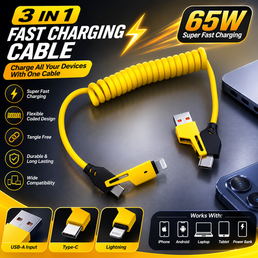 65W 3-in-1 Fast Charging Cable – USB to USB-C, Lightning & Type-C Multi Charging Cord for iPhone, Android, Tablets & More