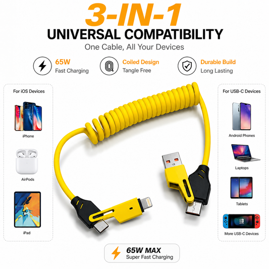 65W 3-in-1 Fast Charging Cable – USB to USB-C, Lightning & Type-C Multi Charging Cord for iPhone, Android, Tablets & More
