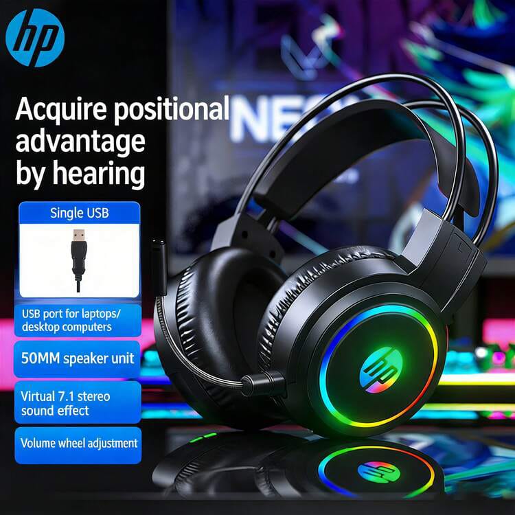 HP H100 RGB Gaming Headset with Noise-Cancelling Mic – USB + 3.5mm Stereo Headphones for PC, Laptop & Gaming