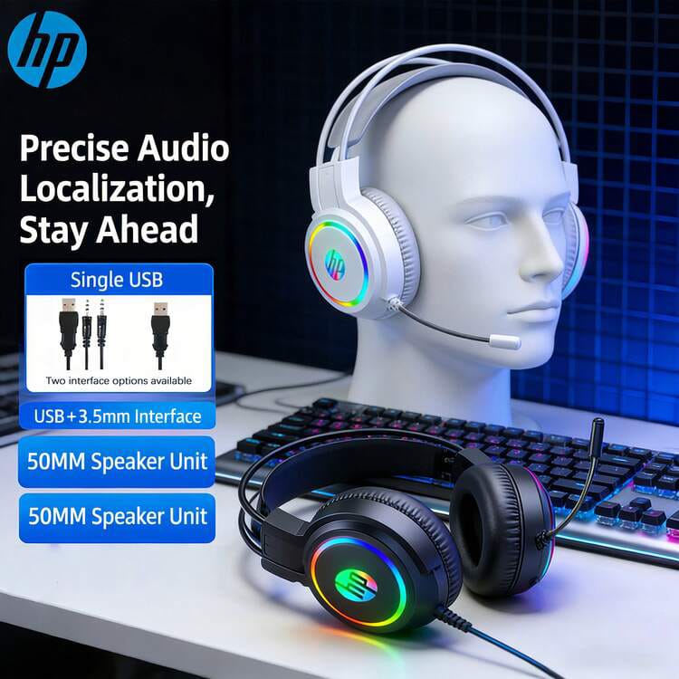 HP H100 RGB Gaming Headset with Noise-Cancelling Mic – USB + 3.5mm Stereo Headphones for PC, Laptop & Gaming