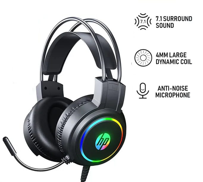 HP H100 RGB Gaming Headset with Noise-Cancelling Mic – USB + 3.5mm Stereo Headphones for PC, Laptop & Gaming